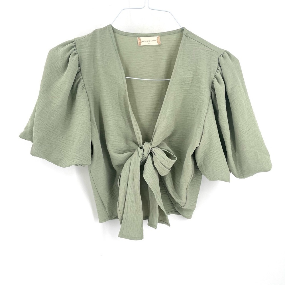 ALTAR’D State Short Puff Sleeve Sage Green Tie VNeck Front Blouse Top